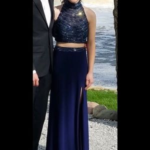 Navy two piece halter top prom dress
